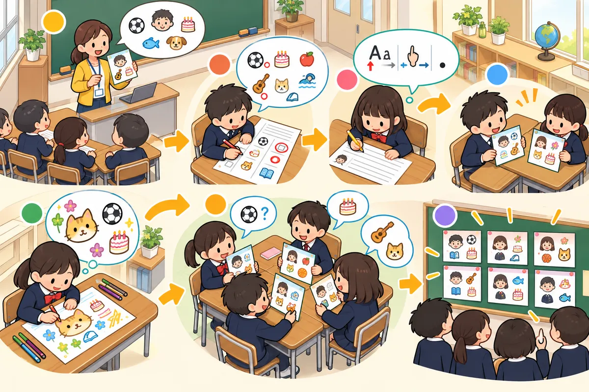 自己紹介カード ― 例文から語を「選んで書く」から始めて、カードを見せながら話すの教室の配置と動き方