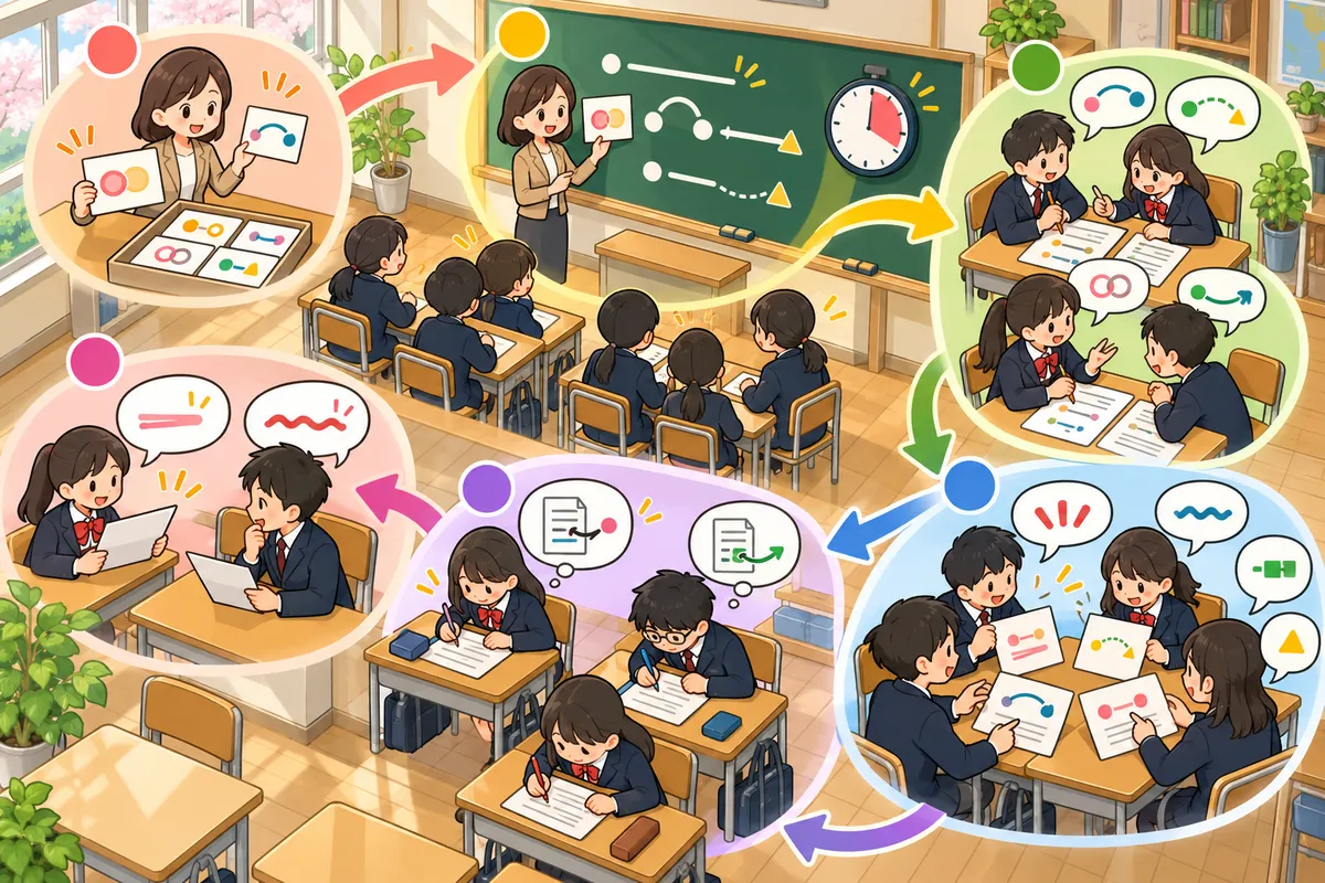 短い文をつなぐ「文の結合」練習 ― and / because / who で1文にまとめるの教室の配置と動き方