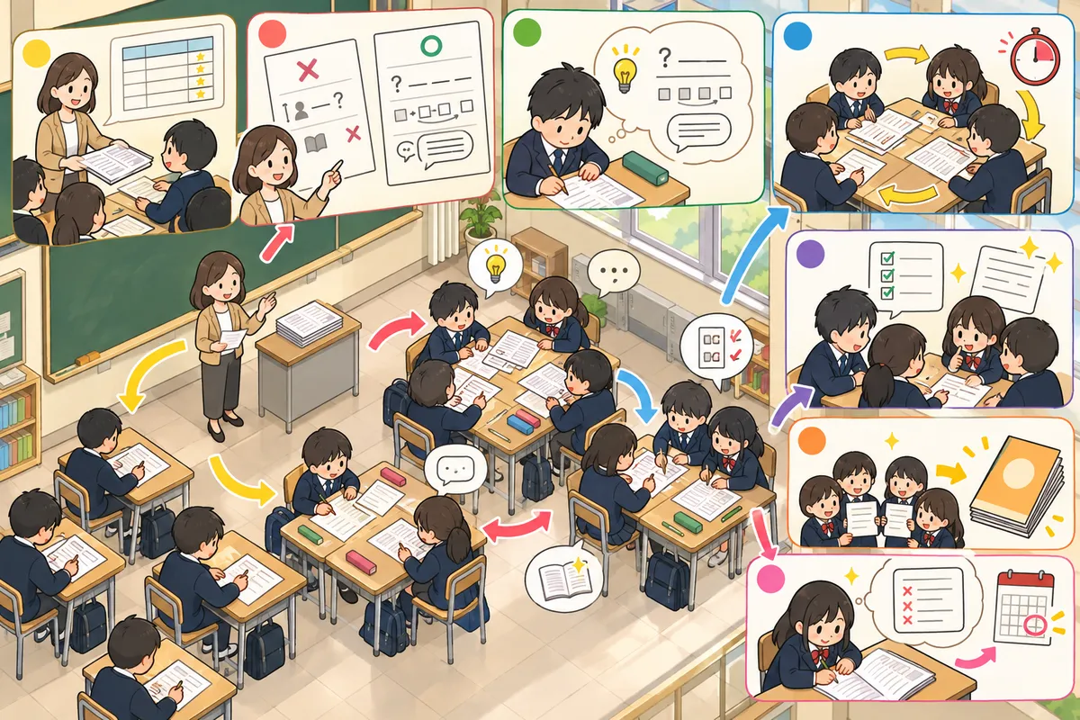 生徒が作るテスト問題 ― 定期テスト前に「出題者の目」で範囲を見直し、友だちと解き合うの教室の配置と動き方