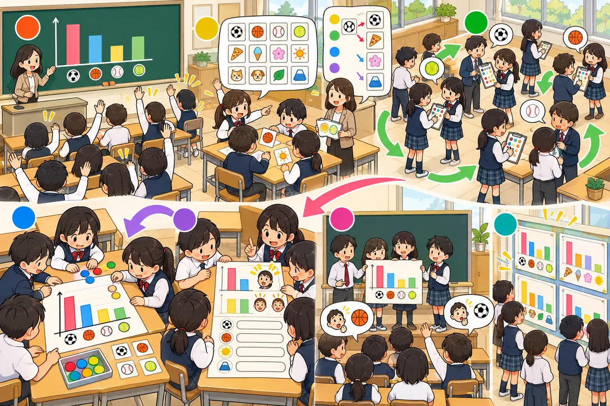 Survey & Graph(アンケート→グラフ→発表)― クラスの「本当のデータ」で比較級・最上級を使うの教室の配置と動き方