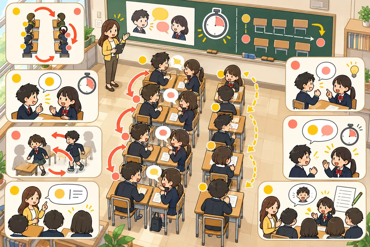 Talk & Switch(トーク・アンド・スイッチ) ― ペアを替えて何度も話す「回転ずし」型会話の教室の配置と動き方