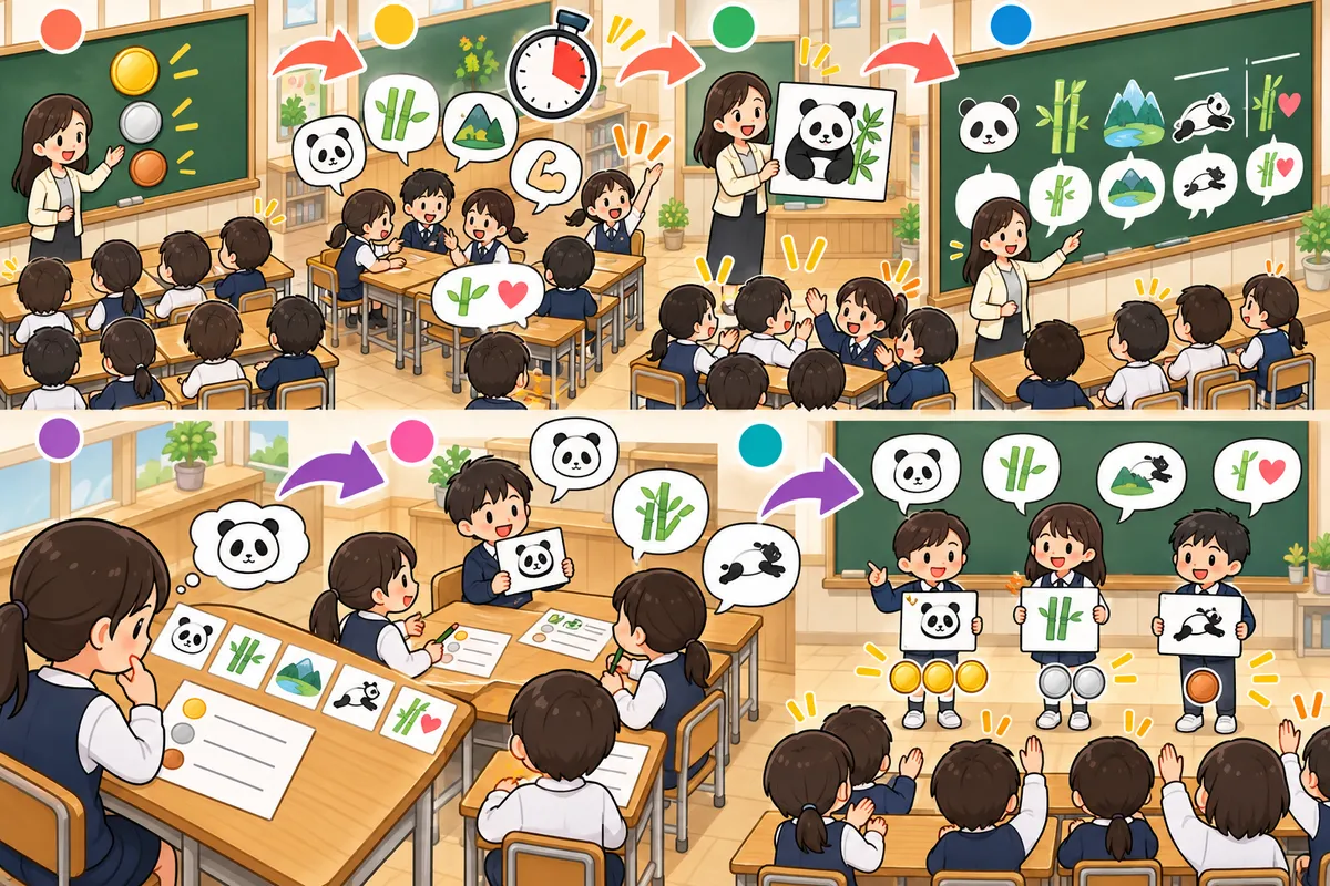Who am I? クイズ ― 3つのヒントを聞いて当て、自分でもクイズを作るの教室の配置と動き方
