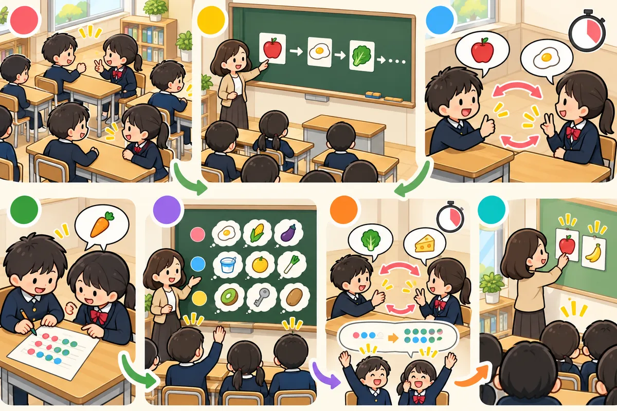 ワードチェーン（英語しりとり）― 毎時間3〜4分で「知っている単語」をすばやく引き出す帯活動の教室の配置と動き方