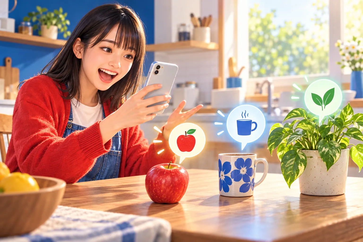 スマホのカメラで台所の物を映しながら英語で話す中学生のイラスト