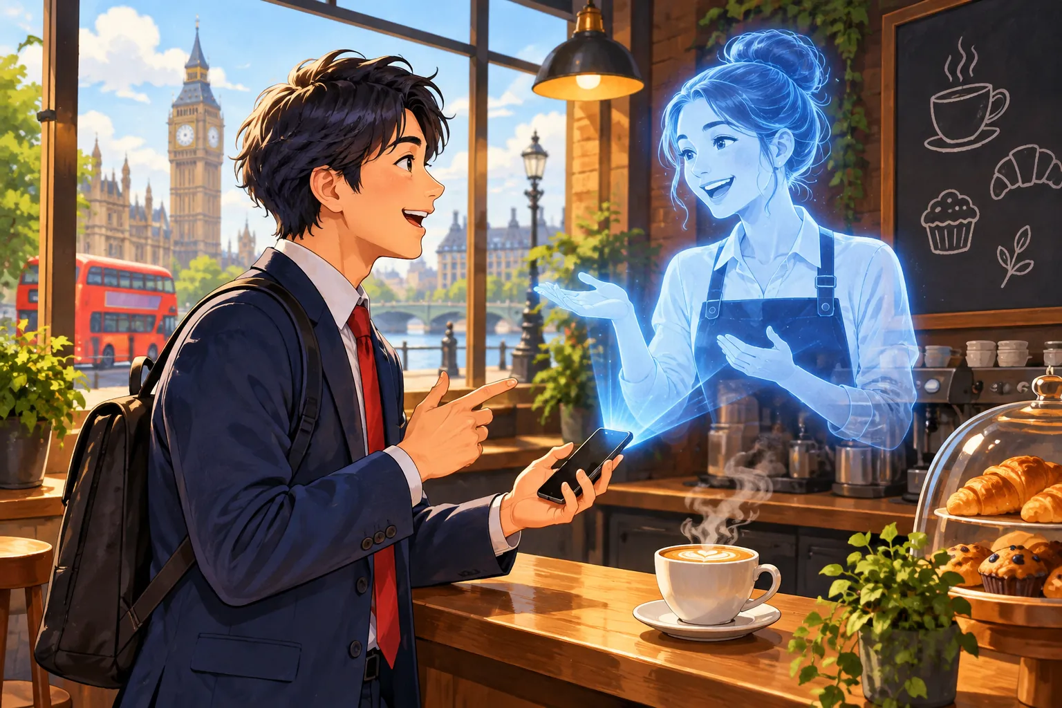 スマホから出たホログラムの店員にロンドンのカフェで注文する会社員のイラスト