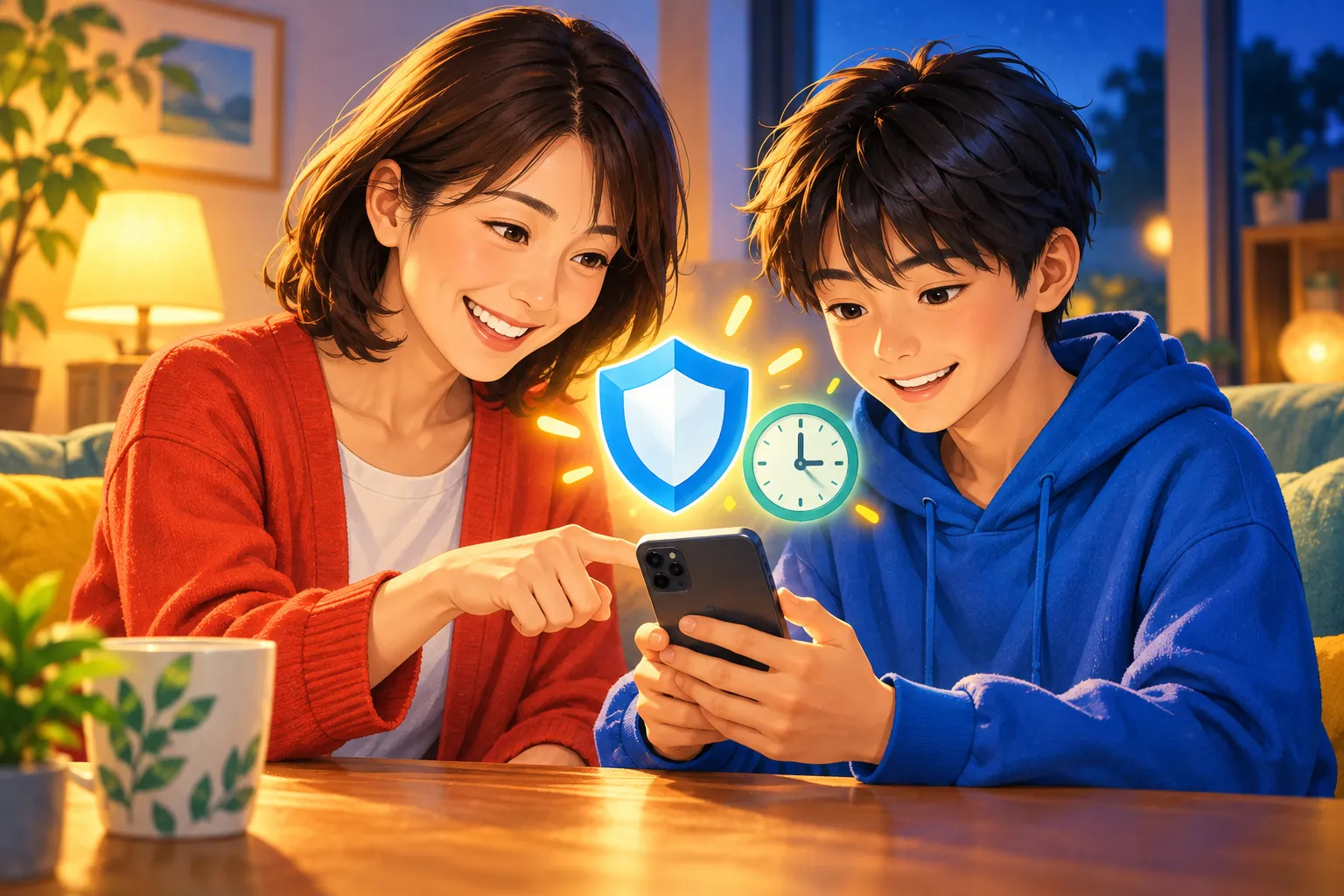 保護者と中学生がいっしょにスマホの設定をするイラスト