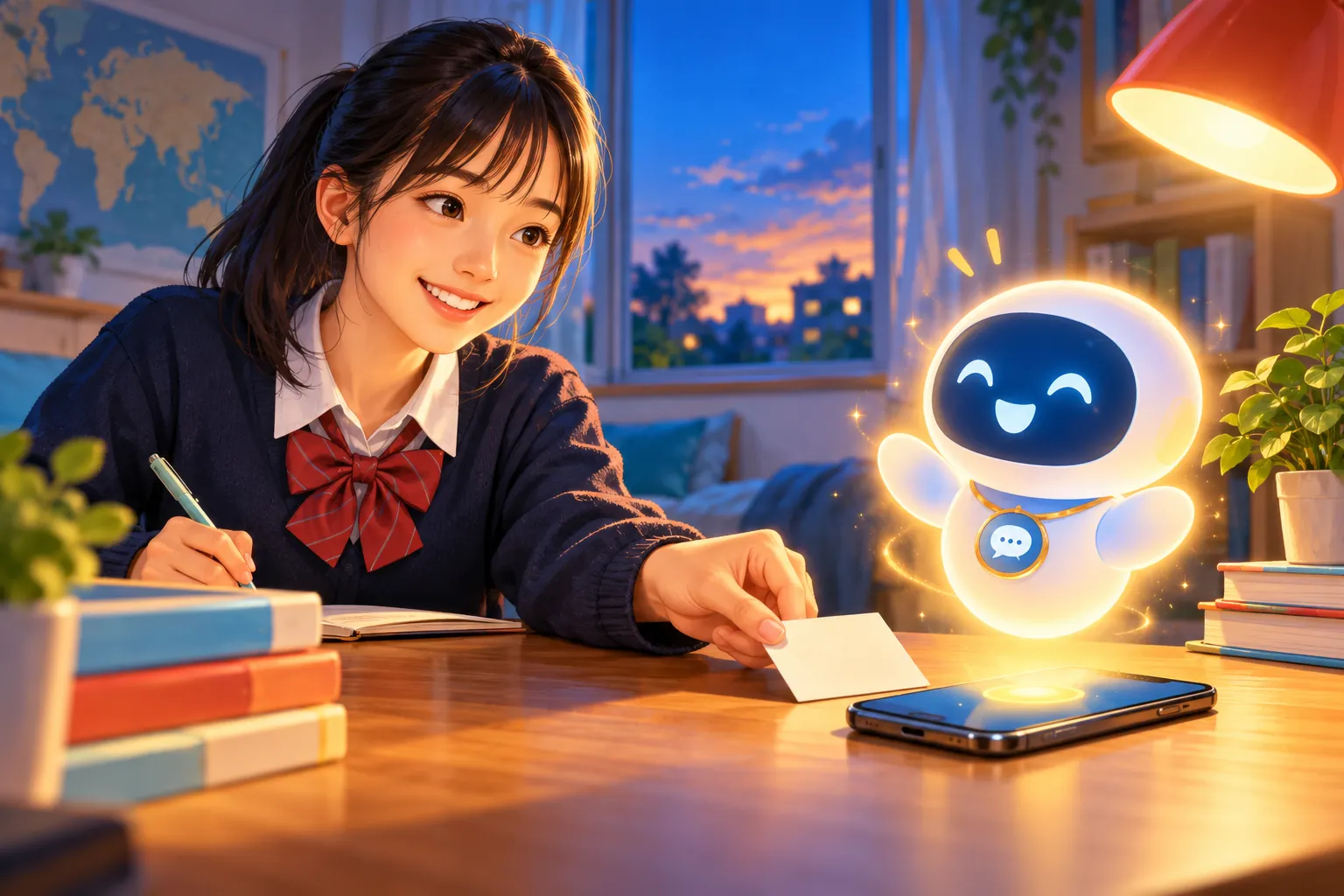 机で指示カードを書いてAIに渡す高校生のイラスト
