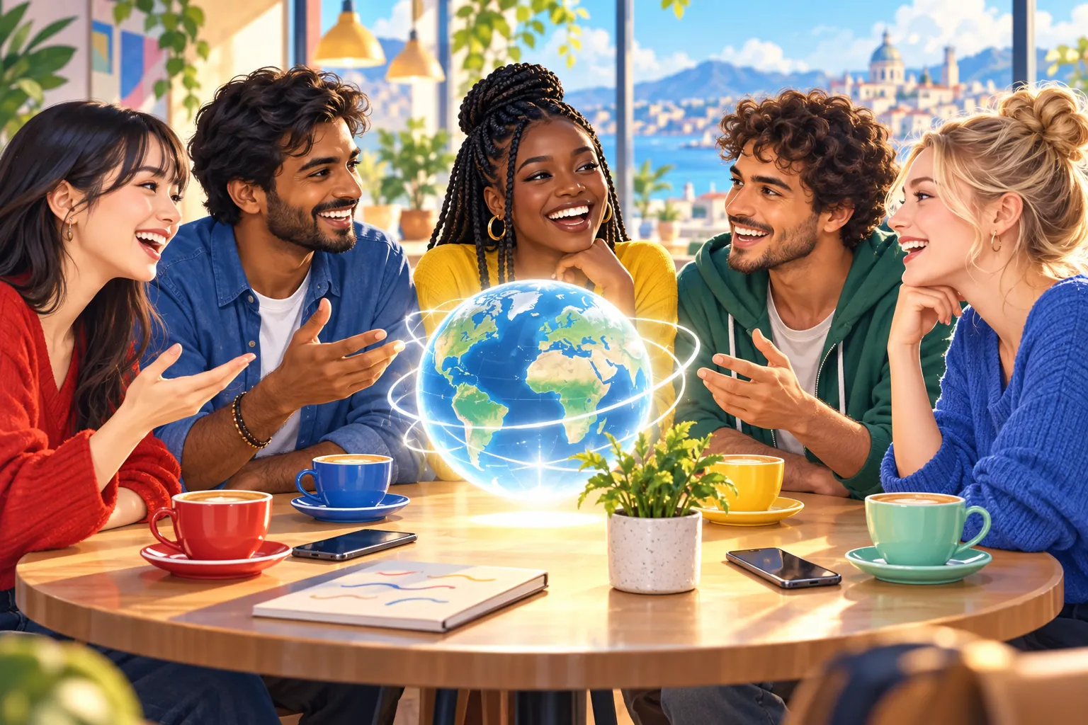 カフェのテーブルを囲んで笑い合う、さまざまな国の若者たちと、その上に浮かぶ光る地球