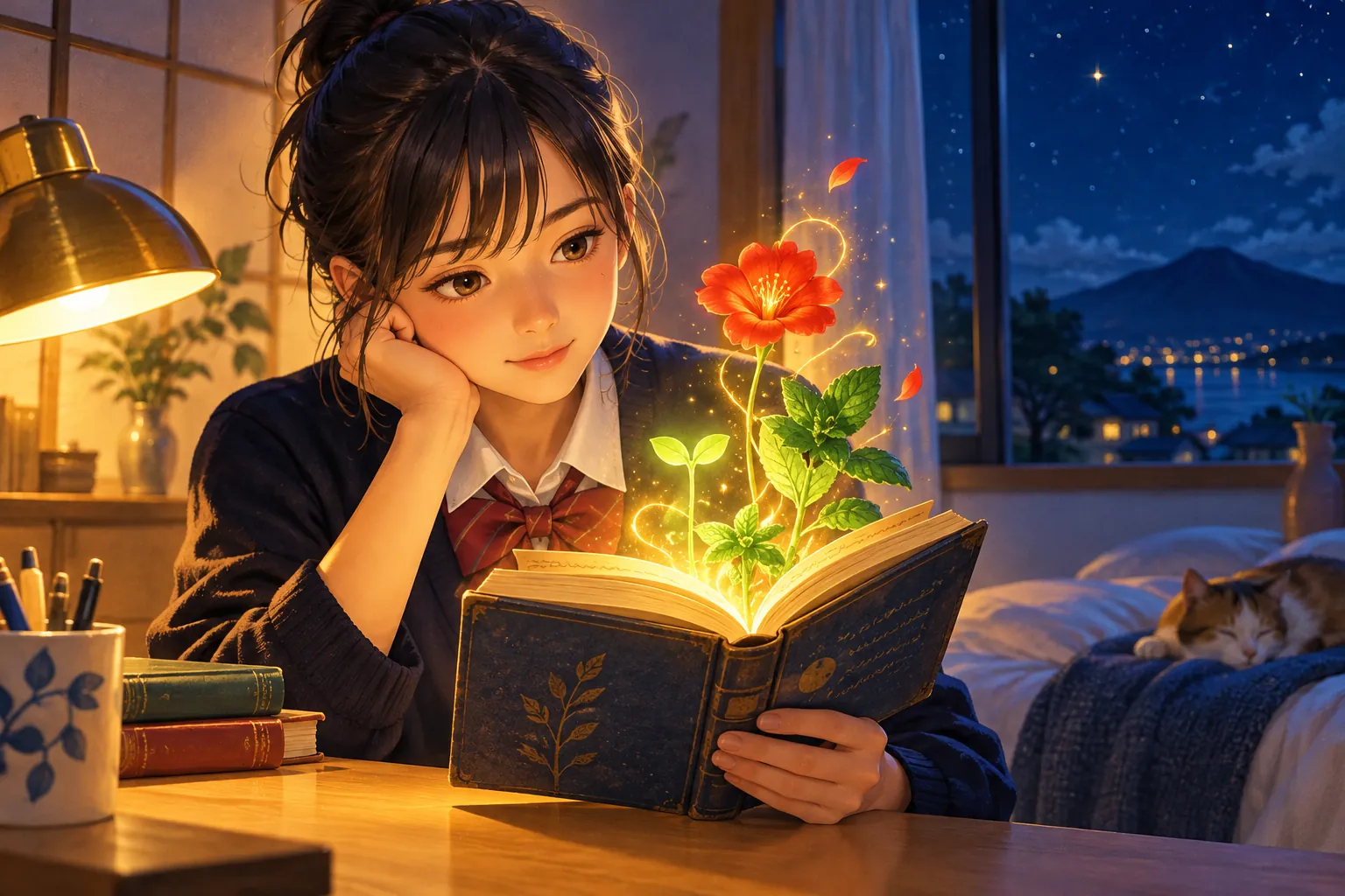 夜の机で小さな古い本を開く学生。ページから光る庭が育っている