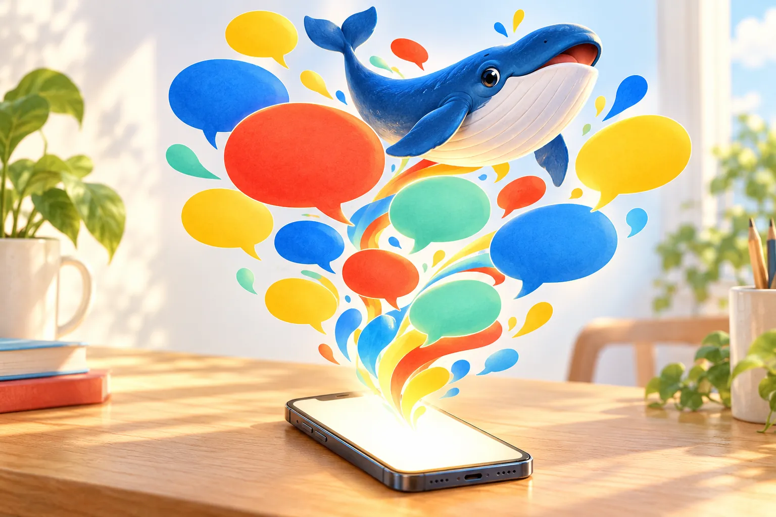 スマートフォンからたくさんの吹き出しが飛び出し、その上をクジラが泳いでいる