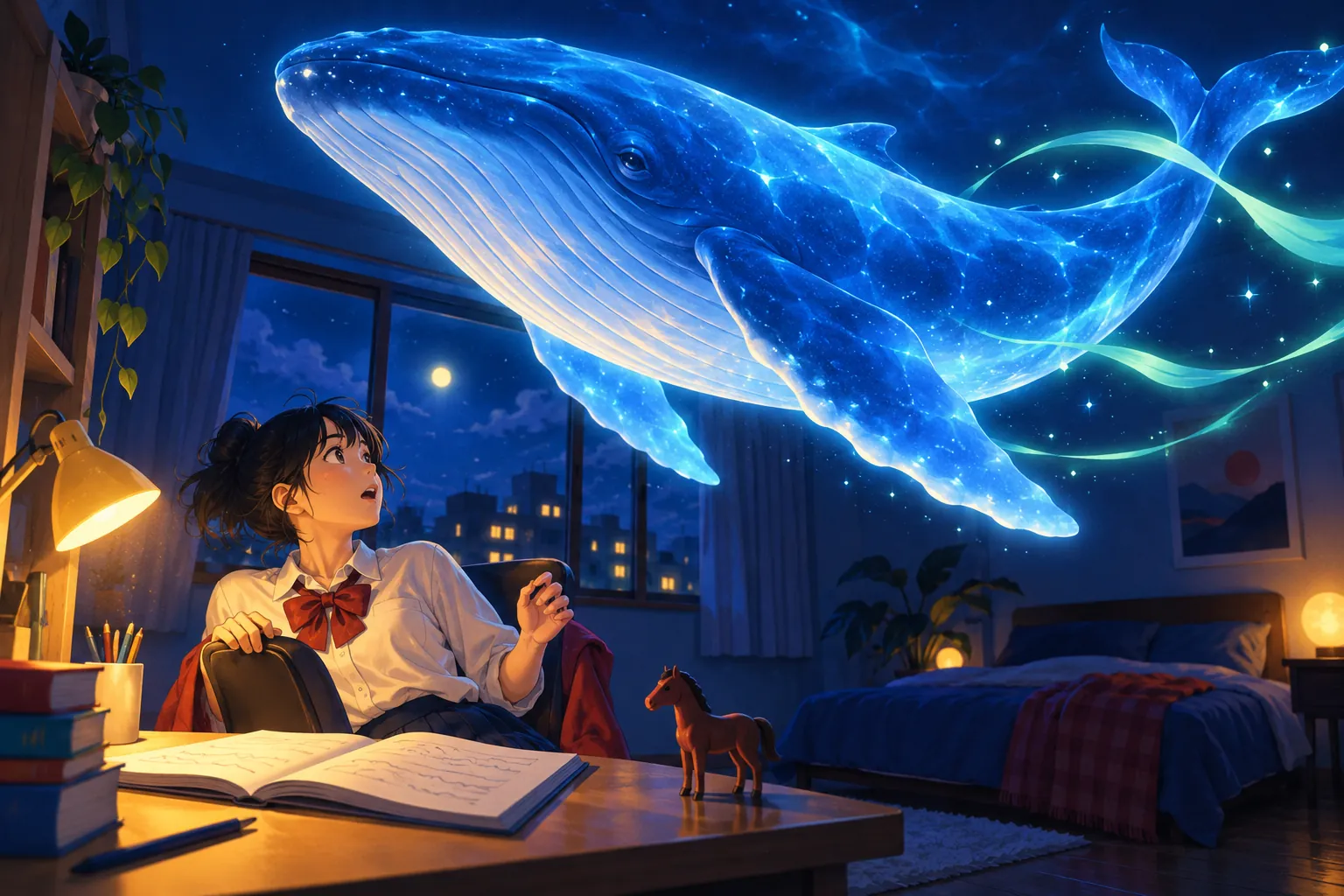 夜の机で英語の問題集を開いた高校生が、頭上を泳ぐ大きなクジラを見上げて驚いている