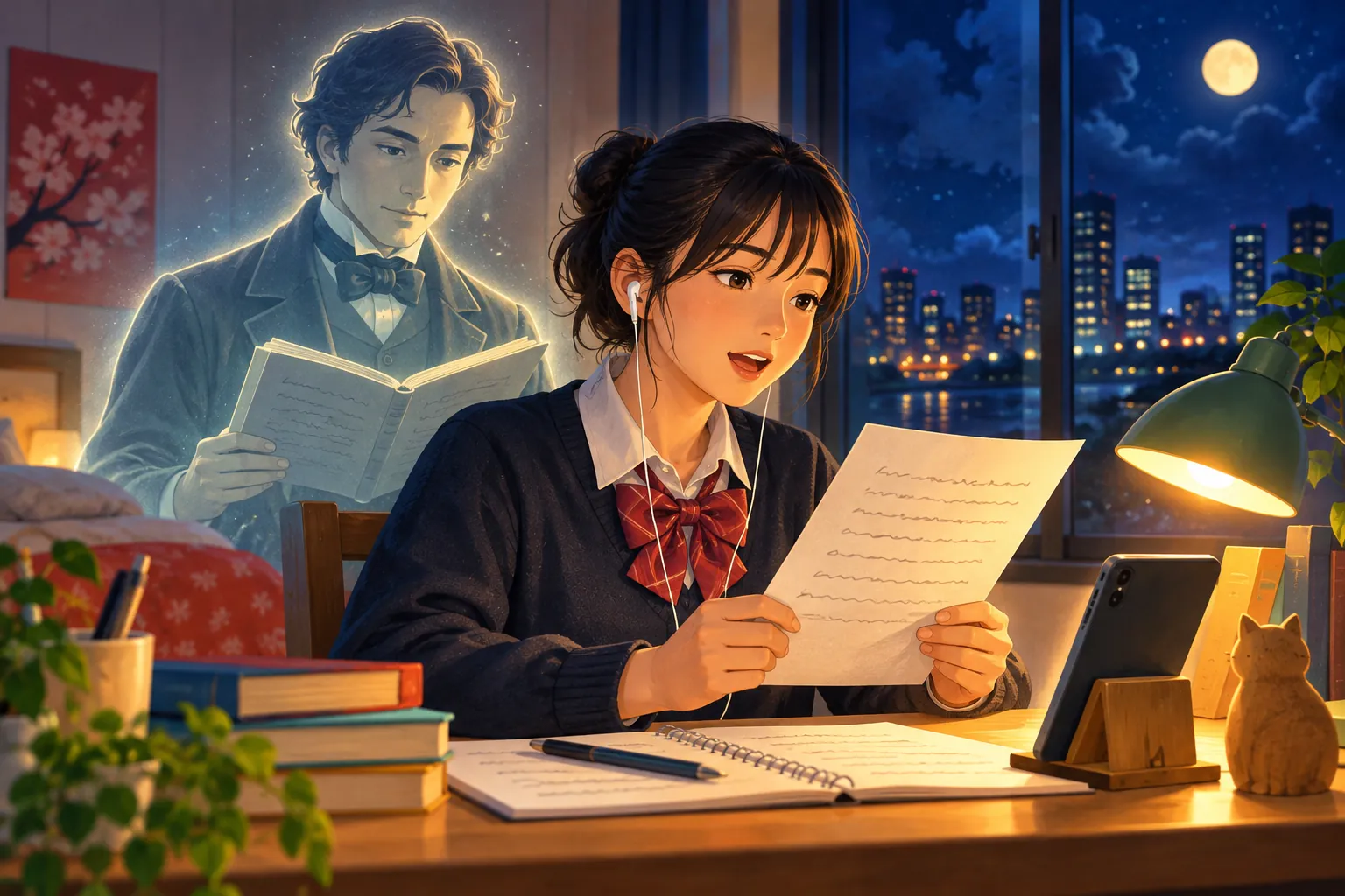 夜の部屋でイヤホンをつけて英文を音読する高校生と、その後ろに重なる19世紀の若い事務員の影