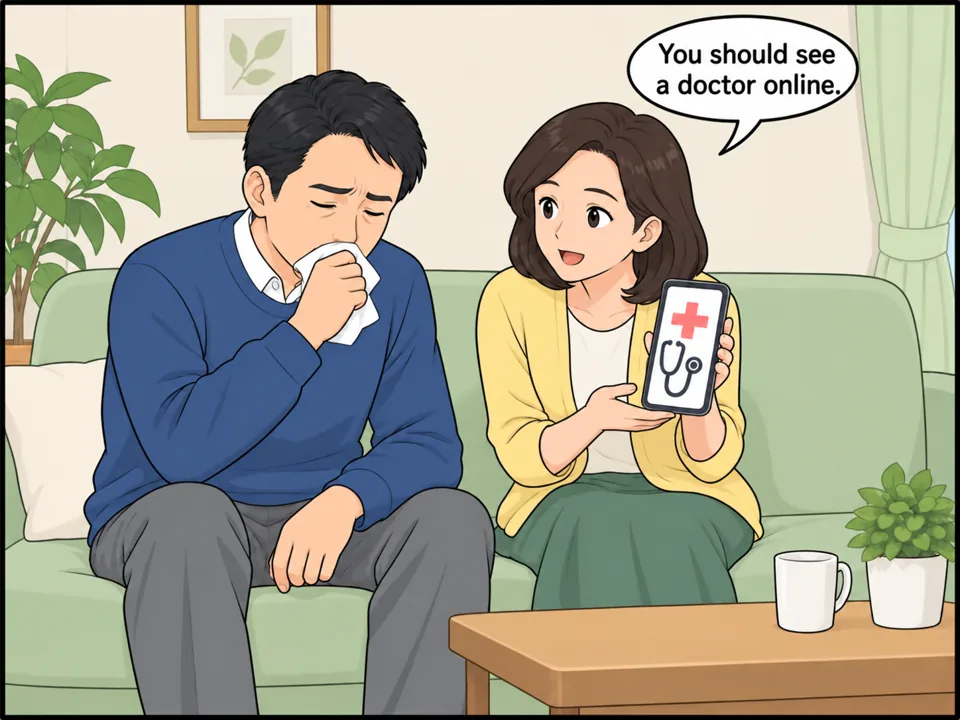加藤家のリビング。ソファに座った加藤さん（夫）がせきをしていて、手にティッシュを持っている。隣の加藤さん（妻）が、医師のマークのアプリが開いたスマートフォンを夫に見せながら話しかけている。 吹き出し：You should see a doctor online.