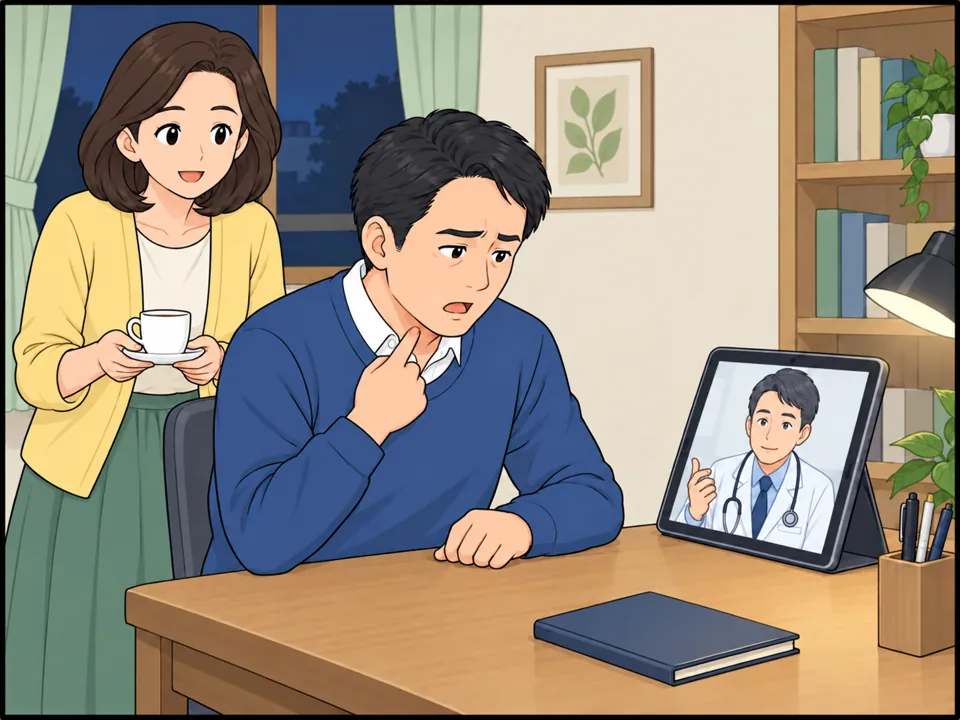 書斎の机。加藤さん(夫)がタブレットに向かっていて、画面には白衣の医師が映っている。夫は自分ののどを指さして症状を説明している。後ろで妻がお茶を運んでいる。