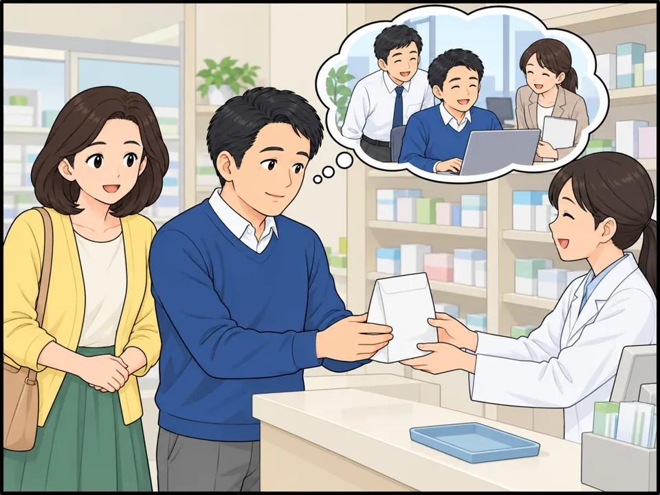 薬局のカウンター。加藤さん（夫）が薬剤師から薬の袋を受け取っている。夫の頭の上の考えの吹き出しには、元気になって会社で同僚と働いている自分の姿。