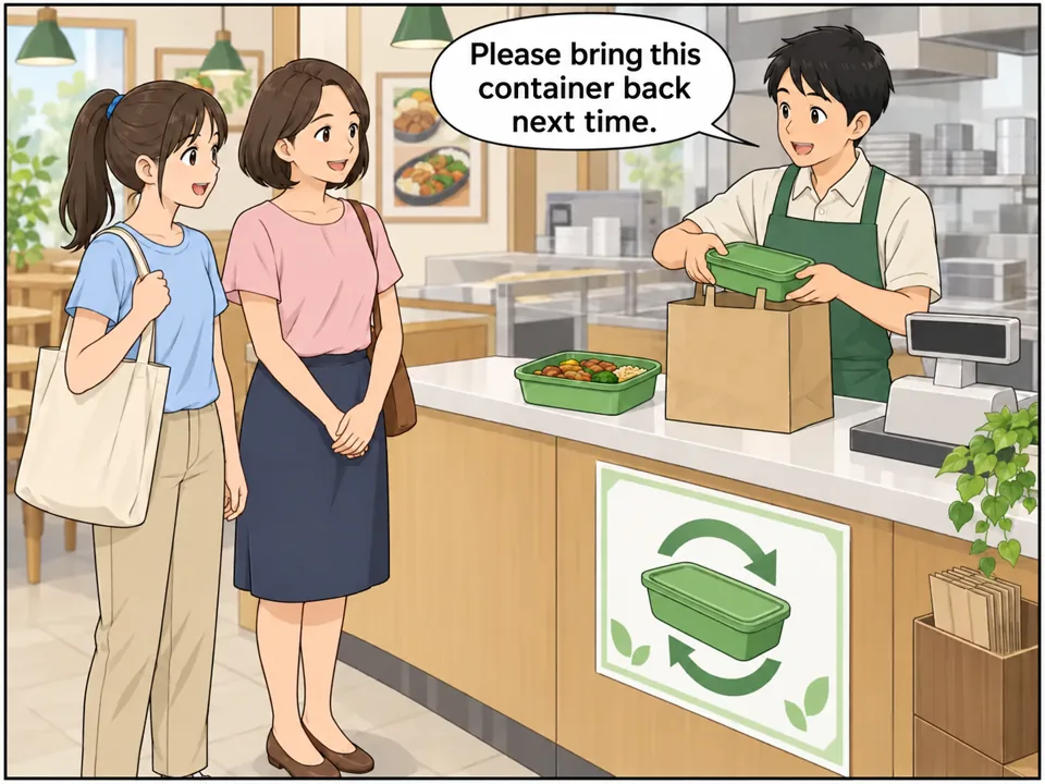 レストランのレジ。カウンターに「Reusable Containers」のポスター。店員が、ふた付きの緑色の容器に入った料理を袋に入れながら、エミと母に話しかけている。 吹き出し：Please bring this container back next time.