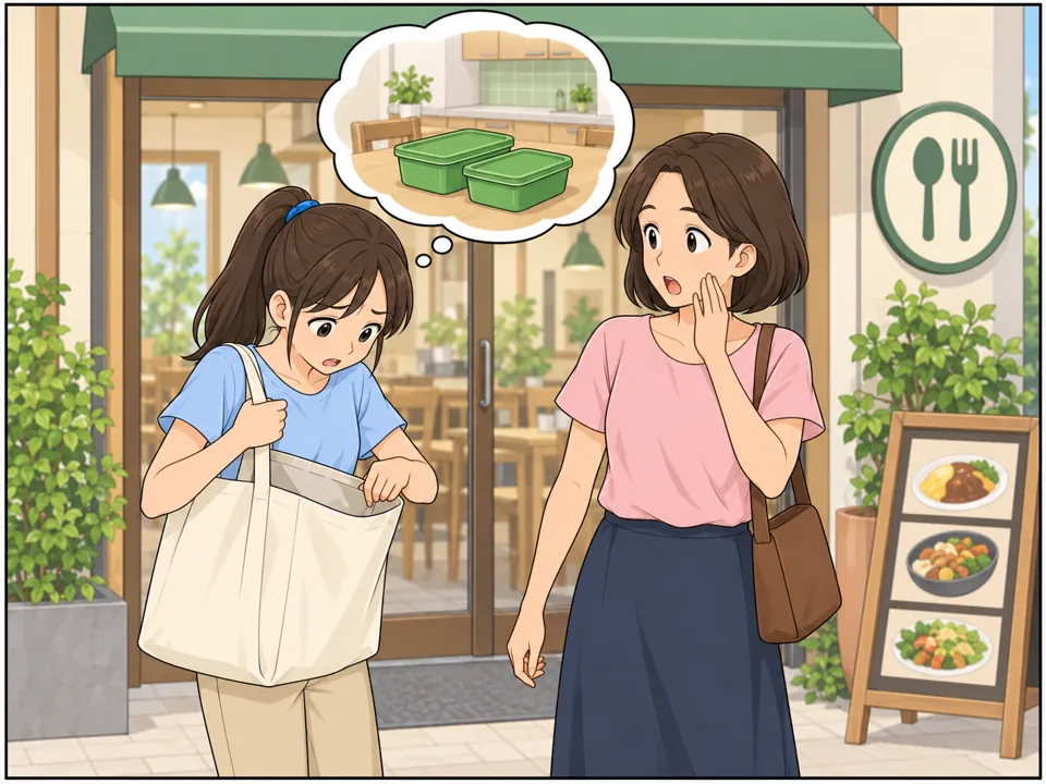 レストランの入り口の前。エミがかばんの中をのぞいて困った顔をしている。エミの考えの吹き出しには、家のキッチンのテーブルに置かれたままの緑の容器。母も驚いた顔。