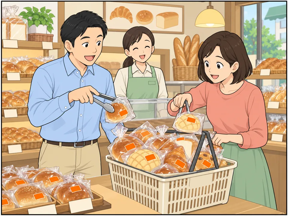 パン屋の店内。伊藤さん夫妻が、値引きシールのついたパンを次々とかごに入れている。かごはパンでいっぱい。店員が笑顔で見ている。