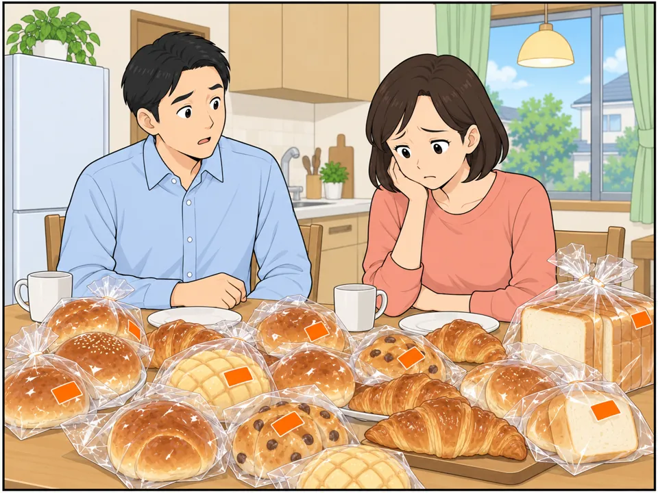 伊藤家の食卓。テーブルの上に食べきれなかったパンがたくさん残っている。伊藤さん（妻）がそれを見て困った顔をしている。