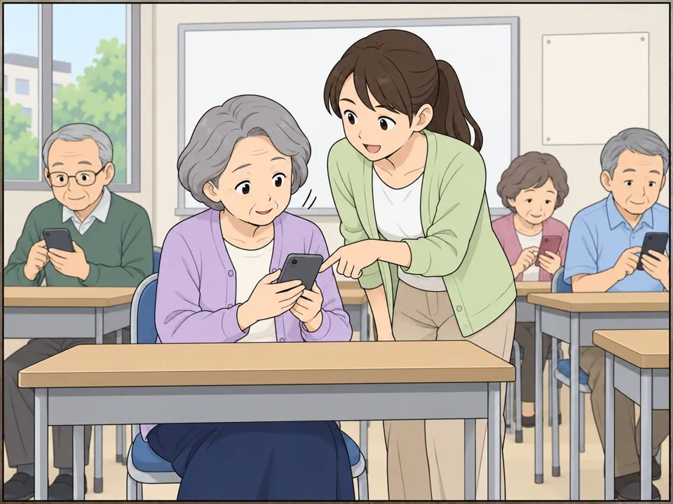 公民館の教室。高齢の参加者が数人、スマートフォンを持って机に座っている。若い女性ボランティアが上田さんの横に立ち、画面を指さして教えている。上田さんはうなずいている。