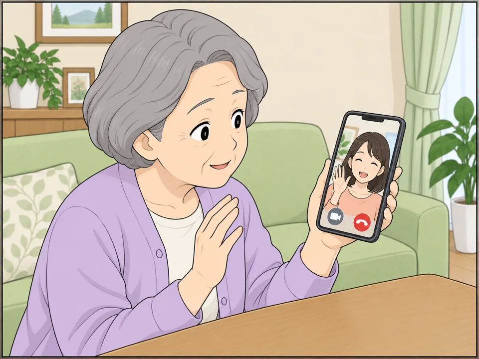 上田さんの家。上田さんが笑顔でスマートフォンのビデオ通話をしている。画面には遠くに住む娘が映っていて、手を振っている。
