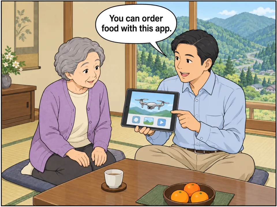 山あいにある母の家の居間。窓の外には山と細い山道。山田さん(息子)が、ドローンの絵と「Drone Delivery」と書かれたタブレットの画面を母に見せている。母はひざに手を当てている。 吹き出し:You can order food with this app.