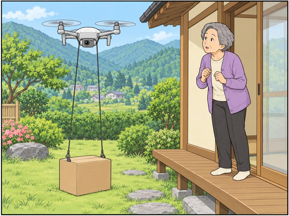 母の家の庭。ドローンが降りてきて、地面に段ボール箱を置いている。母が縁側に立って、驚いた顔で見上げている。