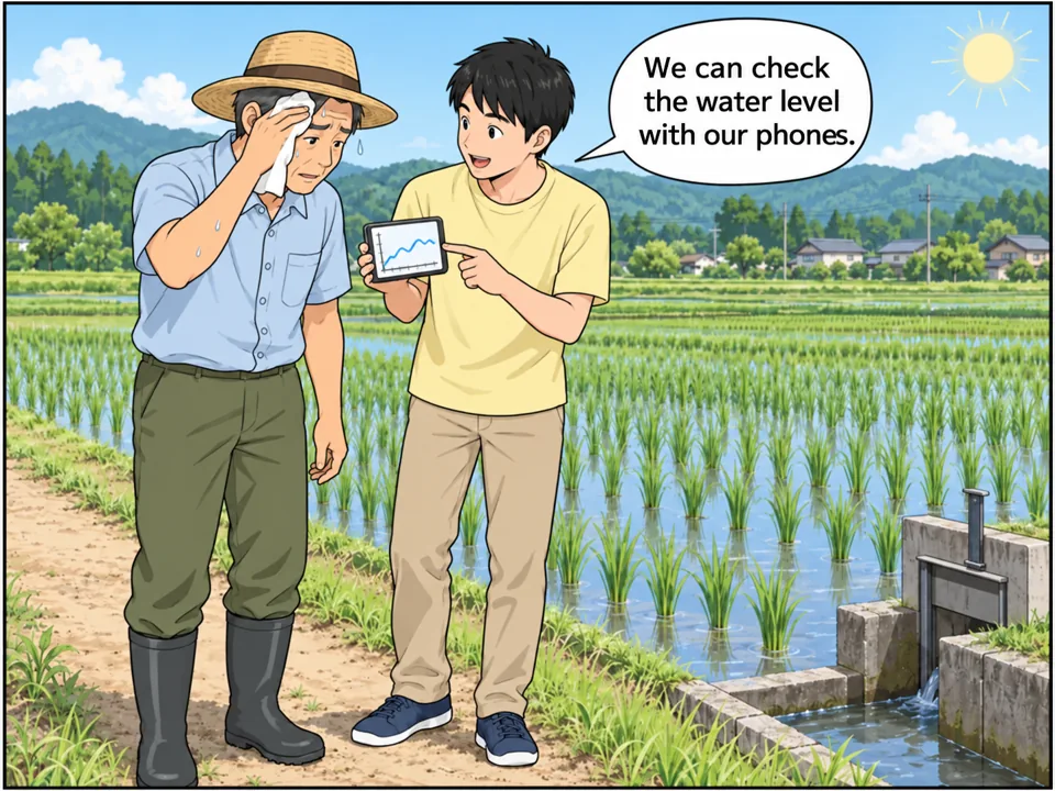 夏の暑い田んぼ。麦わら帽子の林さん（父）が汗をふきながら、田んぼの水の量を見て回っている。大学生の息子ダイキが、水位のグラフが映ったスマートフォンの画面を父に見せている。 吹き出し：We can check the water level with our phones.
