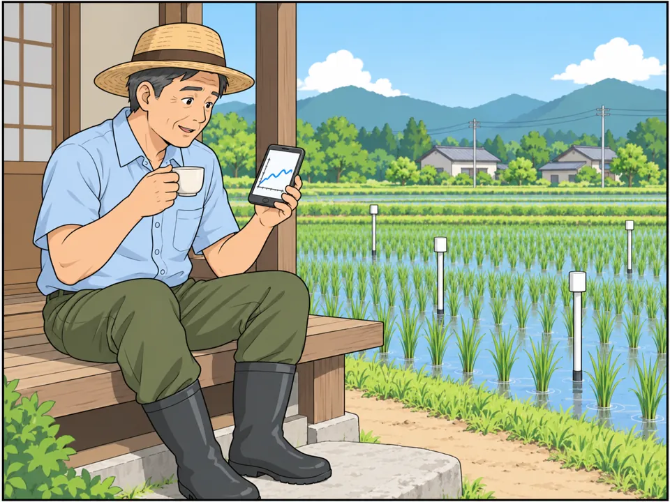 田んぼに白いセンサーの棒が何本か立っている。林さんは家の縁側でお茶を飲みながら、スマートフォンで水位のグラフを見て満足そうな顔をしている。