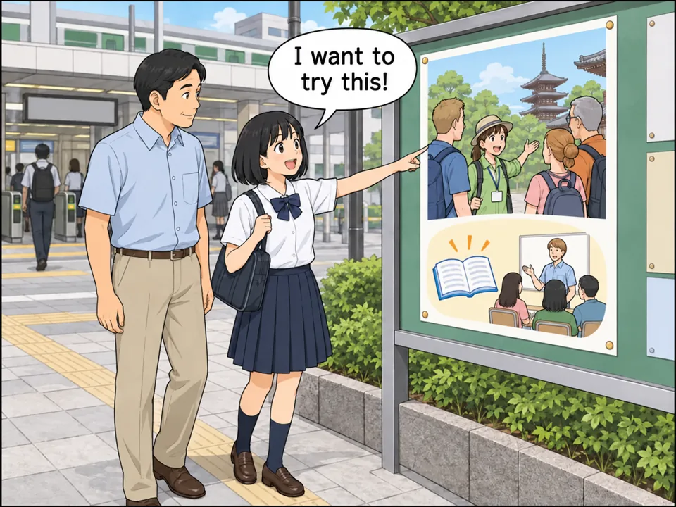 駅前の掲示板。「Volunteer Guides Wanted – Free English Training」のポスターが貼ってある。制服姿のサキがポスターを指さし、目を輝かせて父に話しかけている。 吹き出し：I want to try this!