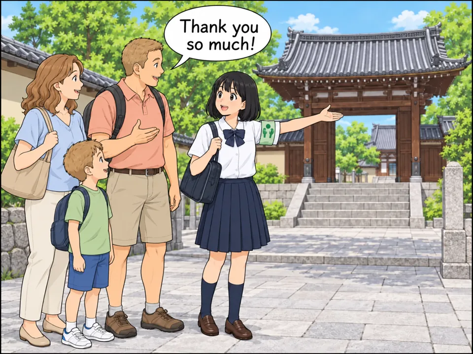 町の古い寺の門の前。「Volunteer Guide」の腕章をつけたサキが、外国人の家族に寺を指さして案内している。外国人の父親が笑顔でお礼を言っている。 吹き出し：Thank you so much!
