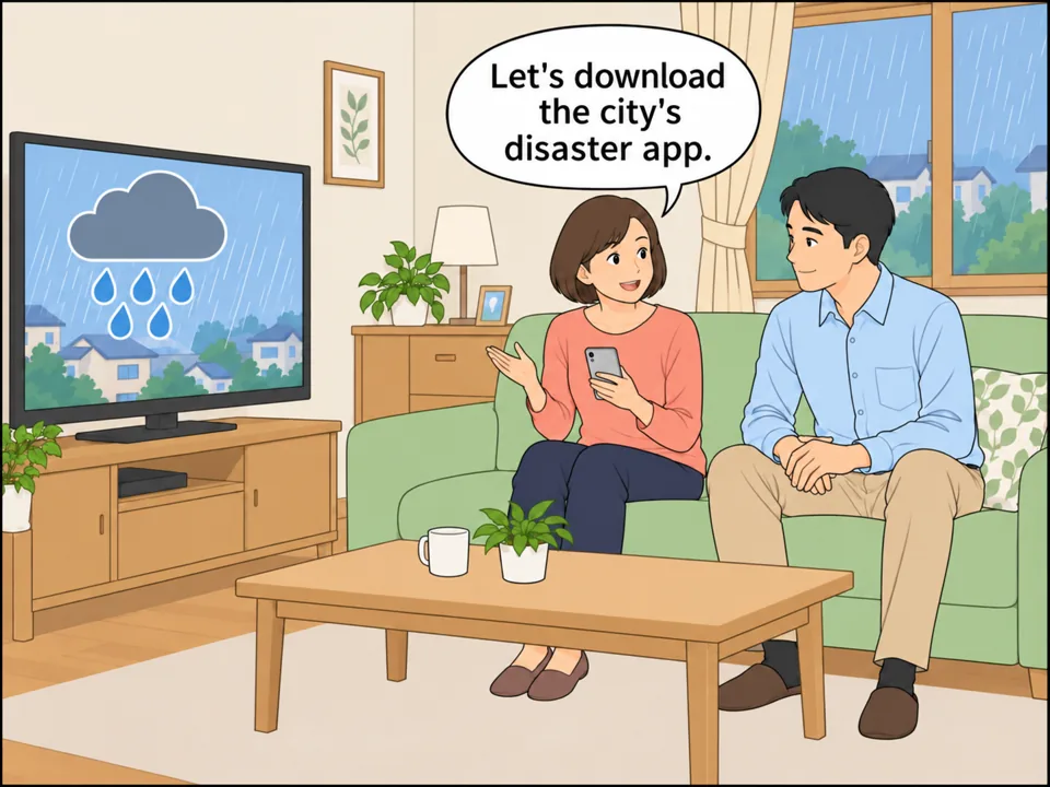 佐々木家のリビング。テレビに大雨のニュースが映り、雨雲のマークが出ている。佐々木さん(妻)がスマートフォンを手に、夫に話しかけている。 吹き出し:Let's download the city's disaster app.