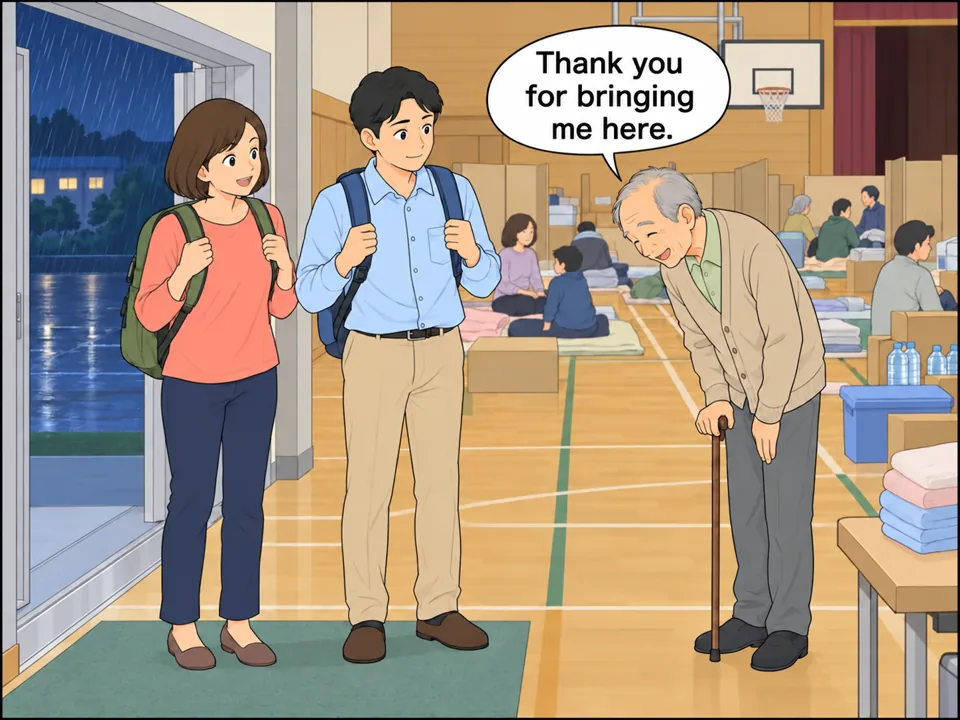 小学校の体育館の避難所。佐々木さん夫妻が、つえをついた近所の高齢の男性と一緒に入ってきたところ。男性が夫妻に頭を下げている。 吹き出し:Thank you for bringing me here.