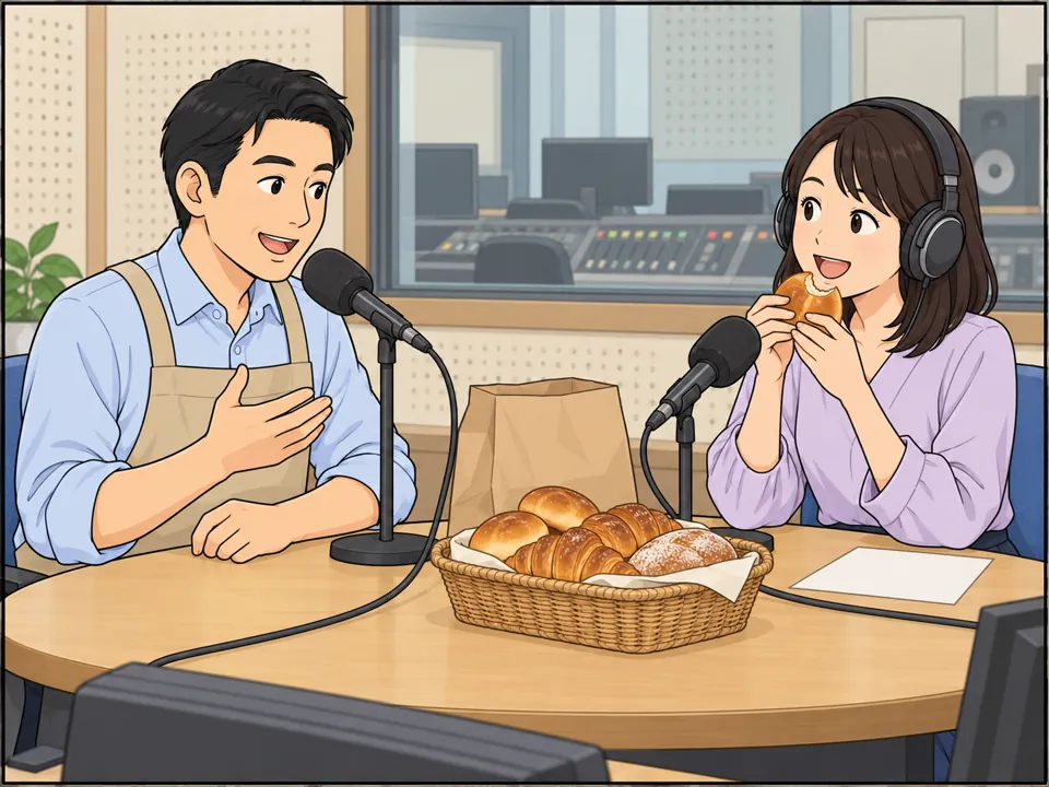 ラジオ局のスタジオ。マイクの前で太田さん(夫)が笑顔で話している。向かいに座った司会者の女性が、太田さんの持ってきたパンを食べて笑顔になっている。