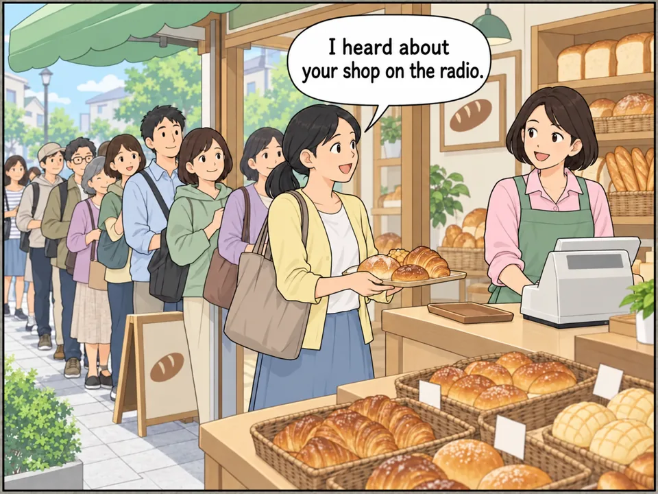パン屋の前に客の長い行列。レジで、客の女性が太田さん（妻）に話しかけている。 吹き出し：I heard about your shop on the radio.