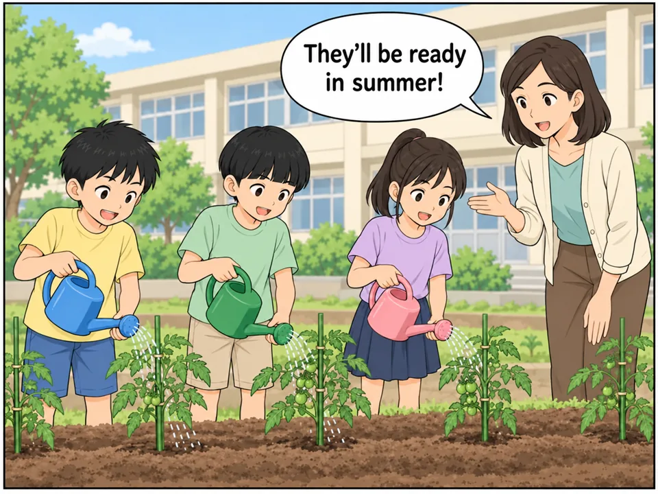 小学校の畑。リクとクラスメートがじょうろでトマトの苗に水をやっている。先生が畑の横に立って、子どもたちに笑顔で話しかけている。 吹き出し:They'll be ready in summer!