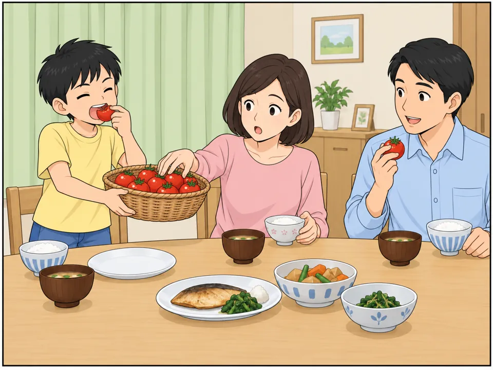 リクの家の食卓。リクが学校で育てた真っ赤なトマトのかごを持ち、家族に配っている。リク自身もトマトを口に運んでいる。母は驚いた顔、父はにっこり。
