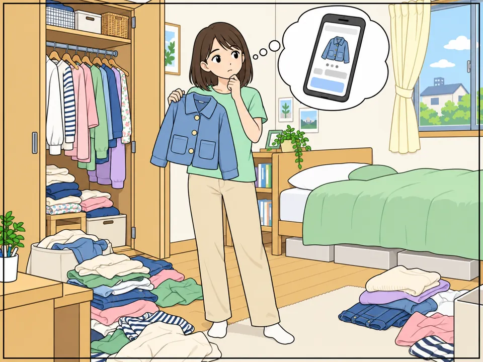 ナナの部屋。クローゼットから服があふれ、床に服の山。ナナが小さくなったジャケットを手に持って考えている。考えの吹き出しには、スマートフォンのアプリにジャケットの写真と「¥1,500」の文字。
