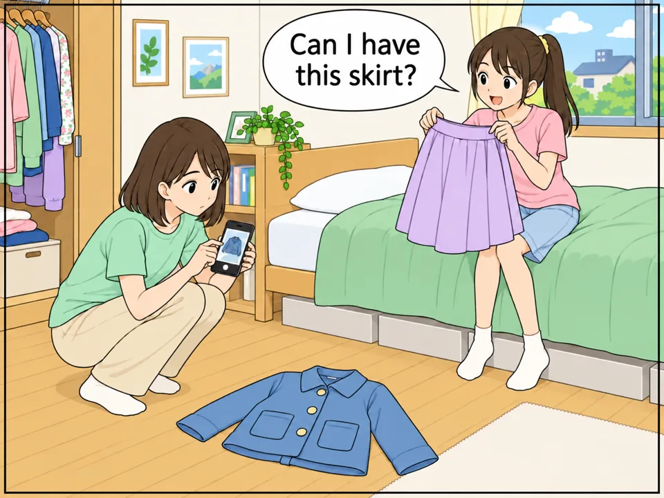 ナナの部屋の窓ぎわ。ナナが床に広げたジャケットをスマートフォンで撮影している。妹がベッドの上のスカートを持ち上げて、ナナに話しかけている。 吹き出し：Can I have this skirt?