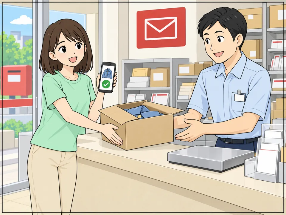 郵便局のカウンター。ナナがジャケットを入れた箱を局員にわたしている。ナナのスマートフォンの画面には「Sold!」の文字。ナナはうれしそうな顔。
