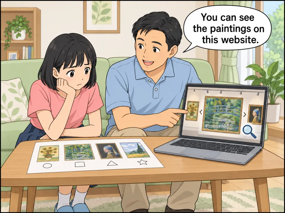 鈴木家のリビング。ミオ（中学生）が「Report: Famous Paintings」と書かれた宿題のプリントを広げて困った顔。父がノートパソコンで美術館のオンラインツアーの画面を見せている。 吹き出し：You can see the paintings on this website.