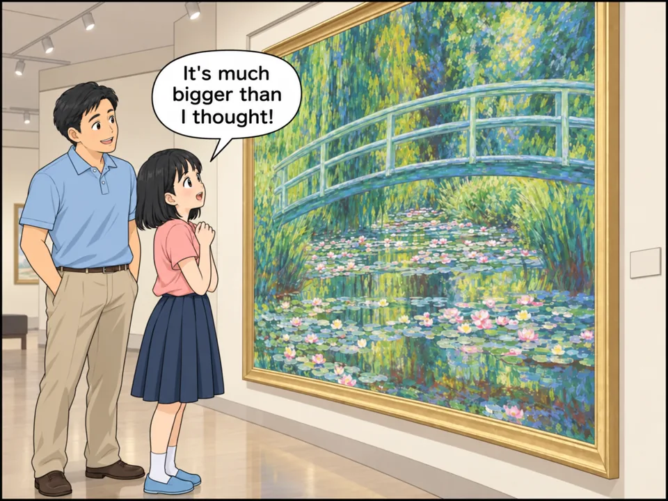 都会の大きな美術館の展示室。ミオと父が、壁いっぱいの大きさの本物の絵の前に立っている。ミオは目を丸くして見上げている。 吹き出し：It's much bigger than I thought!