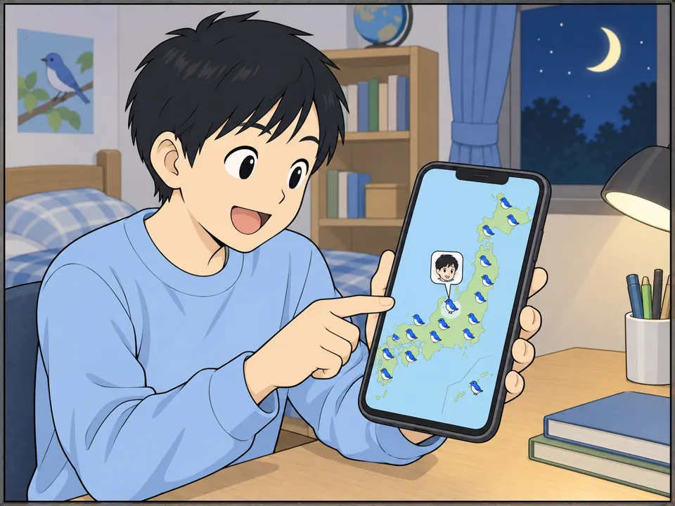 ハルトの部屋。ハルトがスマートフォンのアプリの地図を見ている。日本地図の上に鳥のマークがたくさんあり、その1つに「Haruto」の名前。ハルトはうれしそうな顔。