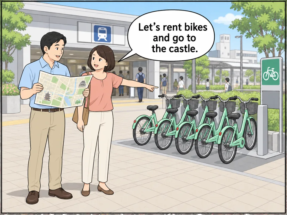 観光地の駅前。武田さん夫妻が観光地図を広げている。そばに「Bike Share」の看板と、同じ色の自転車がずらりと並んだ置き場。奥さんが自転車を指さして夫に話しかけている。 吹き出し：Let's rent bikes and go to the castle.