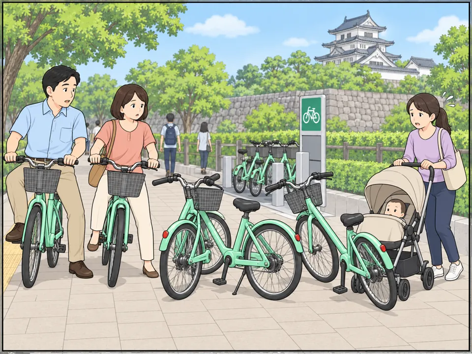 お城の近くの歩道。武田さん夫妻が自転車に乗って到着したところ。歩道にシェアサイクルの自転車が何台も乱雑にとめられていて、ベビーカーを押す女性が通れずに困っている。