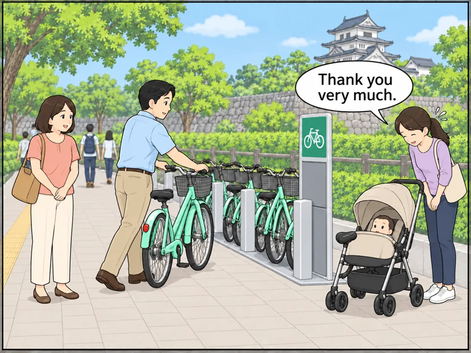 同じ歩道。武田さん(夫)が乱雑にとめられた自転車を近くの「Bike Share」の置き場へ移している。ベビーカーの女性が頭を下げてお礼を言っている。奥さんはそばで見ている。 吹き出し:Thank you very much.