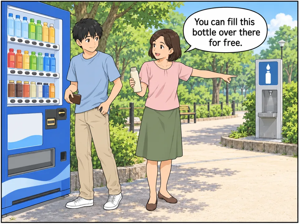 暑い日の公園。高校生のケンが飲み物の自動販売機の前で財布を出そうとしている。母親が空の水筒を差し出しながら、少し先の「Water Refill Station」の看板がある給水機を指さしている。 吹き出し:You can fill this bottle over there for free.