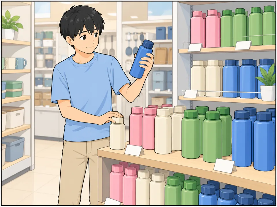 雑貨店の水筒売り場。ケンが色の違う水筒をいくつか見比べていて、青い水筒を手に取っている。