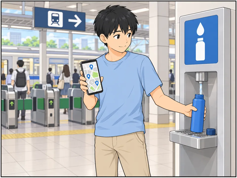 駅の構内。ケンが給水スポットで青い水筒に水を入れている。もう片方の手のスマートフォンには、給水スポットの場所を示す地図アプリが表示されている。ケンは笑顔。