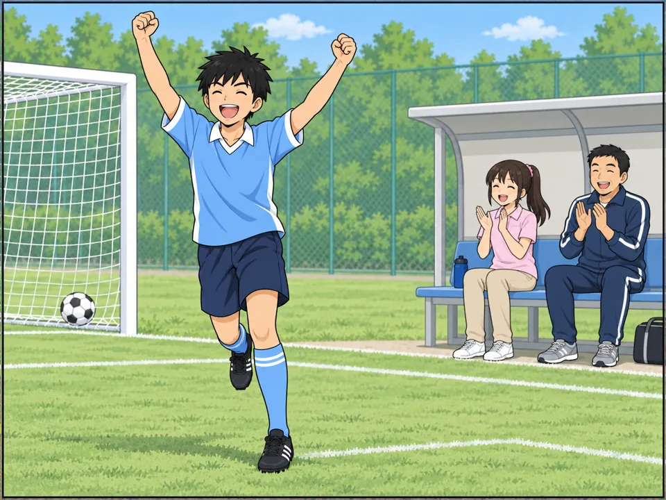 試合会場。ユウタがゴールを決めて、両手を上げて喜んでいる。ベンチではミキと監督が拍手している。